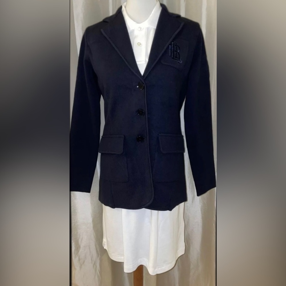 ⭐️Sold⭐️New LaurenRalphLauren Cotton Combed Knit Embroidered Logo Blazer Navy M - Picture 6 of 12